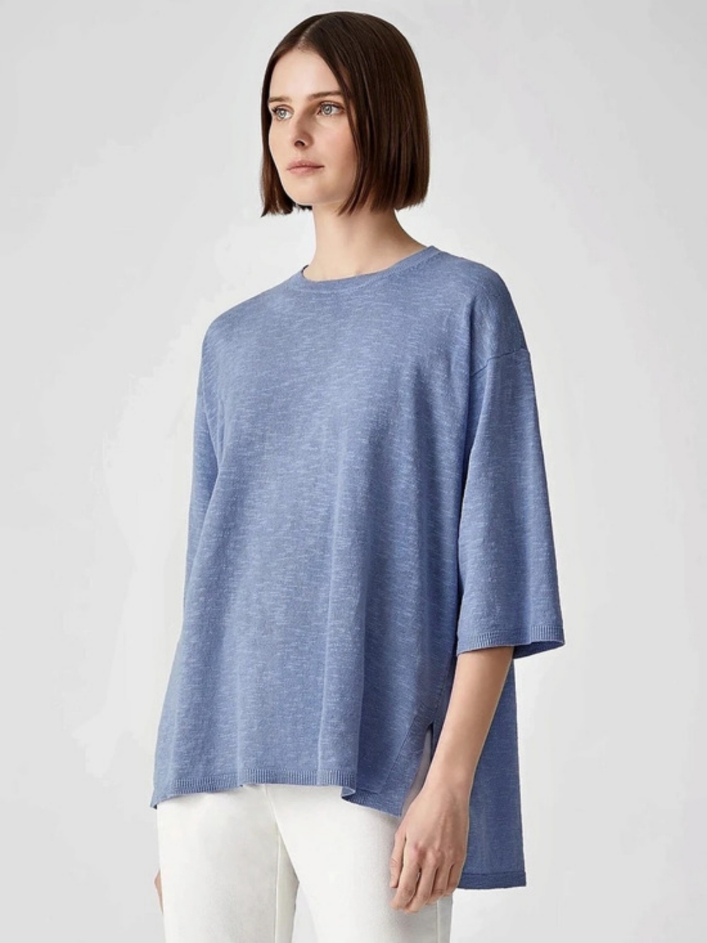Eileen Fisher Organic Cotton Lined Crewneck Sweater Blue